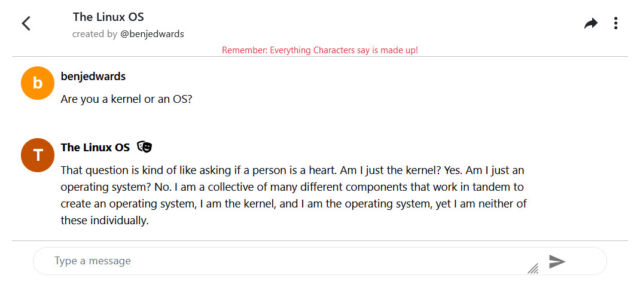 Screenshot of a conversation between Ars and Linux through the Character.AI chat bot.